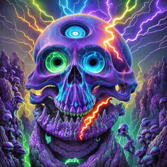 Colorful fantasy illustration of a rainbow skull with lighting rays in graffiti style. Psychedelic crazy Halloween digital painting