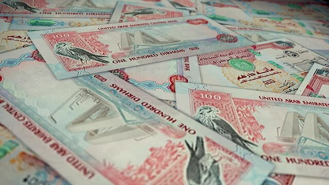 Arab Emirates Dirhams banknote. 100 dirhams. 100 AED. close-up shot of emirates money 