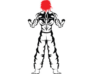 cartoon illustration vector design of a muscular and tattooed male fighter doing a pose from behind view and his legs and arms are alert and ready to fight