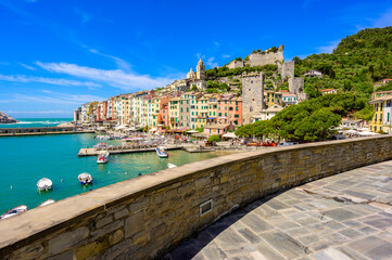 View of City Porto Venere - Harbor at beautiful coast scenery - travel destination of Province of La Spezia - Italy