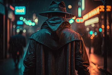 man detective in a raincoat and hat with his back on rainy street in a steampunk city with neon lighting. Generative AI - obrazy, fototapety, plakaty
