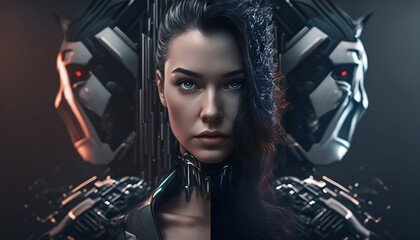 Obraz na płótnie Canvas generated by artificial intelligence! beautiful face of a girl, half-robot, future cyborg, fantasy