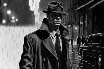 detective investigator in a hat and coat on a rainy street at night. Generative AI - obrazy, fototapety, plakaty