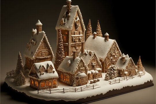Decorated gingerbread village at Christmas time, Generative AI