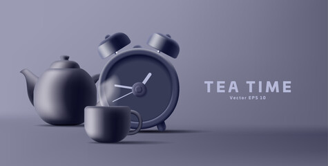 Black alarm clock with a kettle and a cup of hot drink. Modern 3d banner for design. Time for tea, time to wake up, traditions. Elements on a dark background.