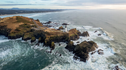 Drone Aerial Yaquina Head Lighthouse Newport Oregon Coast Sunset Photo 8 - obrazy, fototapety, plakaty