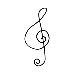 Treble g clef symbol. Doodle style drawn treble clef isolated on white background. Music note sign.