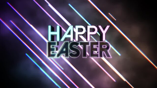 Happy Easter with colorful neon lines on stage, motion holidays, club and spring day style background