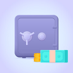 Bank safe deposit and money. Capital protection, investment, deposit, bank service. 3d vector money storage icon for web site, banner, landing page, print. Strongbox three dimensional illustration.