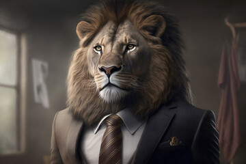 Portrait of a Lion Dressed in a Formal Business Suit at The Office, Boss Lion, Generative Ai