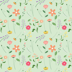floral seamless pattern, hand drawn wildflowers in pastel shades