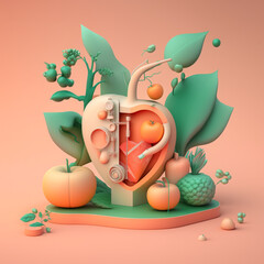 AI digital art of heart-shaped fruits and vegetables, in shades of peach. The playful composition stylises the mechanisms of the heart. Beautiful 3D render. Perfect for health-related projects