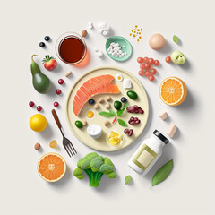 AI Flat lay illustration, fruits vegetables presentation, hydration healthy drinks, grain. Balanced diet concept, ingredients meals, health benefits nutrients, taking supplements tablets. Copy space