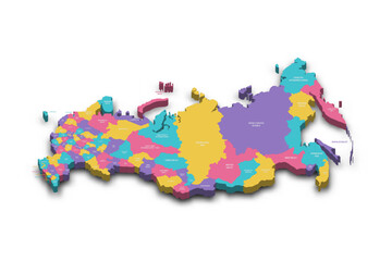 Russia political map of administrative divisions - oblasts, republics, autonomous okrugs, krais, autonomous oblast and 2 federal cities of Moscow and Saint Petersburg. Colorful 3D vector map with