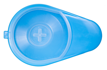 top view of closed blue plastic fracture bedpan isolated on white background