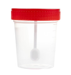 closed empty plastic stool sample collection container isolated on white background