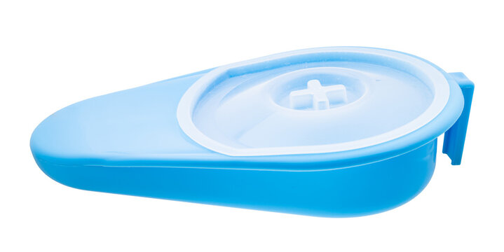 side view of closed blue plastic fracture bedpan isolated on white background