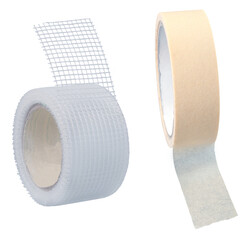 Adhesive tapes used for renovation work in the household. Isolated background.