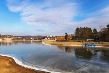 Winter landscape. Frozen water of the dam in the city of Brno - Czech Republic Europe.
