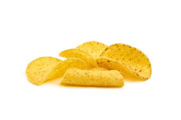 Mexican nachos chips, corn tortilla crisps, isolated on white background.
