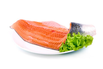 Fresh salmon fillets with lemon isolated on white background.