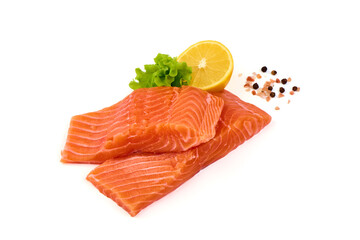 Fresh salmon fillets with lemon isolated on white background.