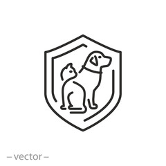 pet protection icon, shelter animals, shield with dog and cat, line symbol on white background - editable stroke vector illustration eps10