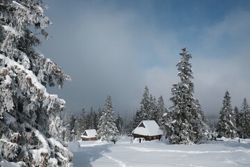 Amazing winter scenery of Tatra Mountains - Rusinowa Polana (Rusinowa Glade) with  shepherd's huts, Tatra National Park, Poland © Iwona