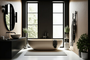 A luxurious black and beige bathroom, minimalist and modern with a giant bathtub.  Generative AI.