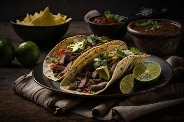 Carne asada tacos with a lime garnish, gourment tacos on a black plate, restaurant menu image, product image, ai generated