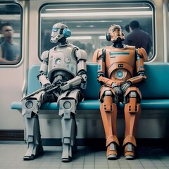 Naklejka premium Robots in normal life. (On the subway)