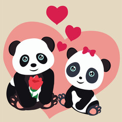 panda love on the background of the heart