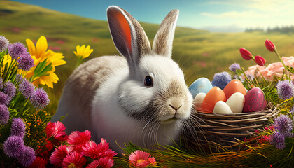 Cute white bunny and Easter eggs in the meadow, AI-generated image.
