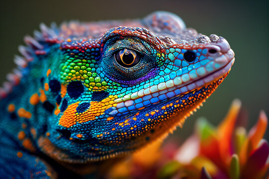Close-up view of a colorful chameleon lizard, Ai Generated.