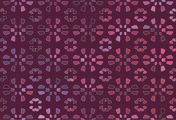 Vector geometric dotted seamless pattern. Simple minimal texture with halftone dots, crosses, floral silhouettes, stars, grid. Abstract background in burgundy and pink color. Stylish repeat design