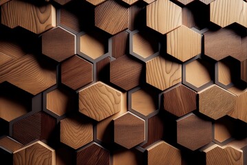 In this case, we have a tiled wall backdrop set against a wood or timber wall. Wallpaper made of natural-looking hexagonal tiles. Generative AI - obrazy, fototapety, plakaty