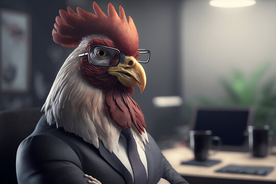 Portrait of a Rooster Dressed in a Formal Business Suit at The Office, Boss Rooster, Generative Ai