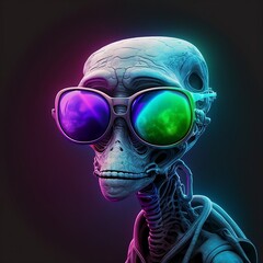 HUMANOID WITH GLASSES, a colorful image of an alien with glasses, iridescent and bright colors.