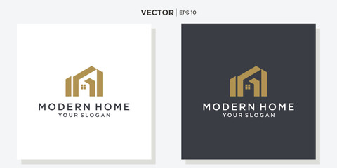 House Logo. Gold House Symbol Geometric Linear Style isolated on Double Background. Usable for Real Estate, Construction, Architecture and Building Logos.