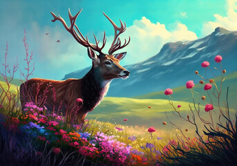 Deer on a colorful meadow with flowers, illustration, generative AI