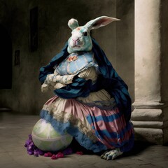 Fototapeta na wymiar Female bunny with a dress and a easter egg