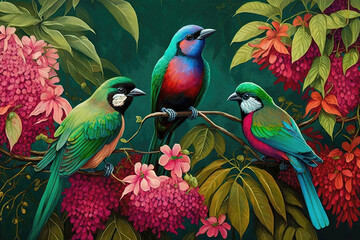 Forêt tropicale de Bali avec plusieurs oiseaux et fleurs colorés, plantes. Idéal pour les affiches, les papiers peints.