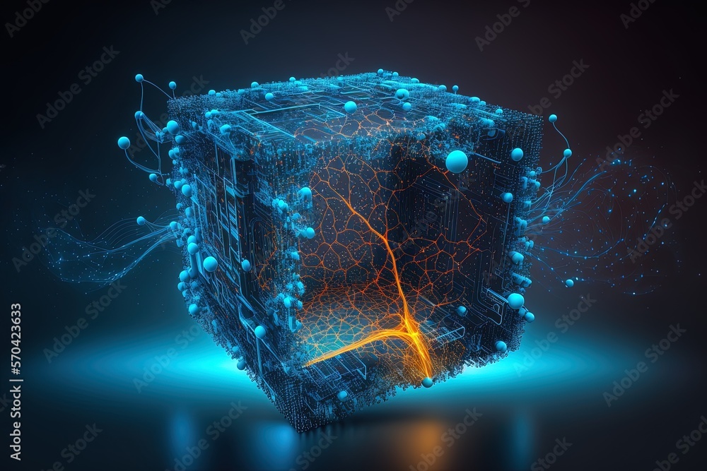 Poster the idea of a smart network and connection colored blue, in a digitally futuristic motif. . generati