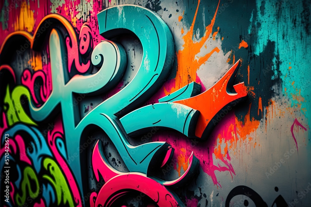 Poster view of multicolored graffiti up up and personal on a wall generative ai