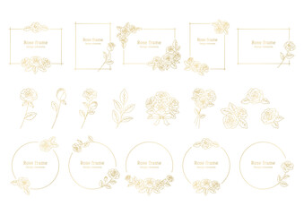 薔薇の花の装飾フレーム, デザイン要素としてのイラスト素材セット, 薔薇の花の挿絵, 白背景に金色の線画.