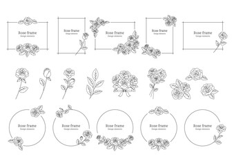 薔薇の花の装飾フレーム, デザイン要素としてのイラスト素材セット, 薔薇の花の挿絵, 白背景に黒色の線画.