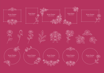 薔薇の花の装飾フレーム, デザイン要素としてのイラスト素材セット, 薔薇の花の挿絵, ワインレッドの背景に白色の線画.
