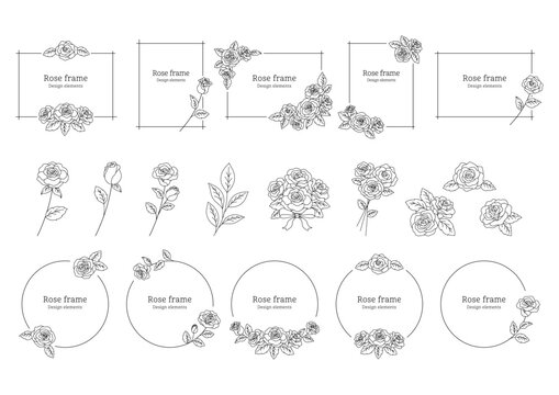 薔薇の花の装飾フレーム, デザイン要素としてのイラスト素材セット, 薔薇の花の挿絵, 白背景に黒色の線画.