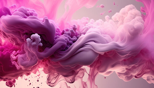 Generative AI, Flowing light pink, viva magenta smoke with splashes. Soft fluid banner, spring female mood, 3D effect, modern macro realistic abstract background illustration, ink in water effect.	