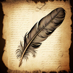 Vintage drawing of a bird feather on vintage retro newspaper paper, black and white graphics, engraving style